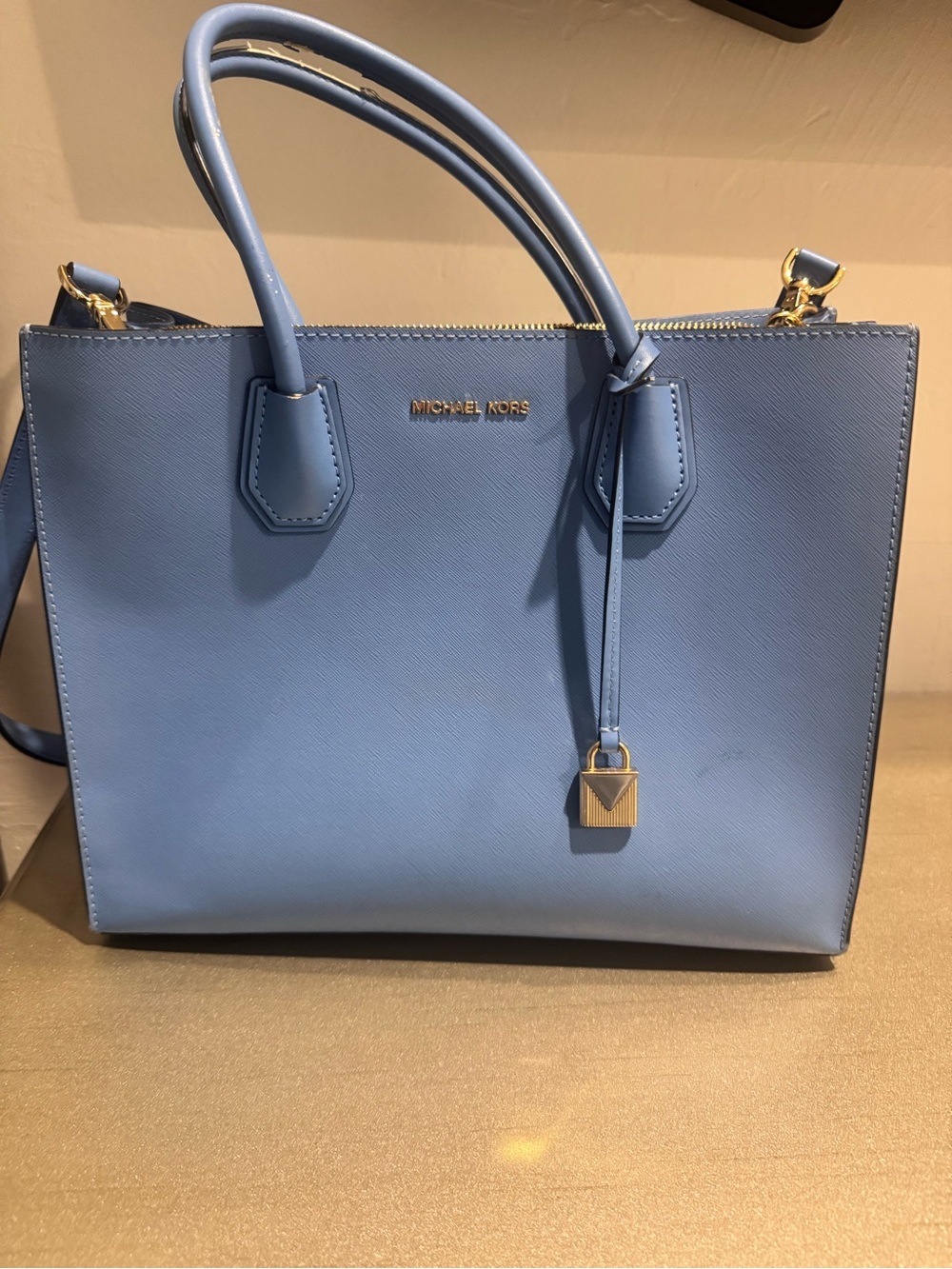 Michael Kors Light Blue Saffiano Leather Satchel with Gold Hardware